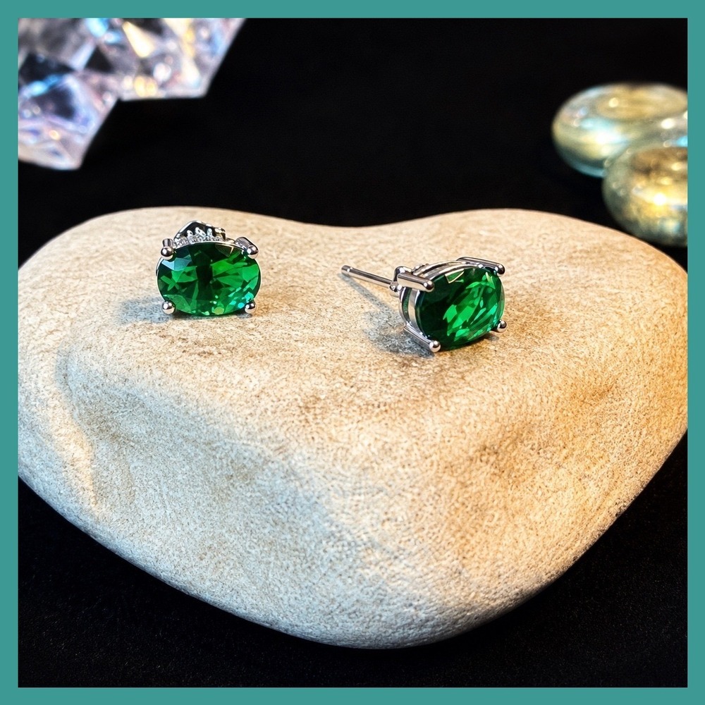Sterling Silver 925 Genuine Green 2 CT Emerald Oval Cut Stud Earrings Women